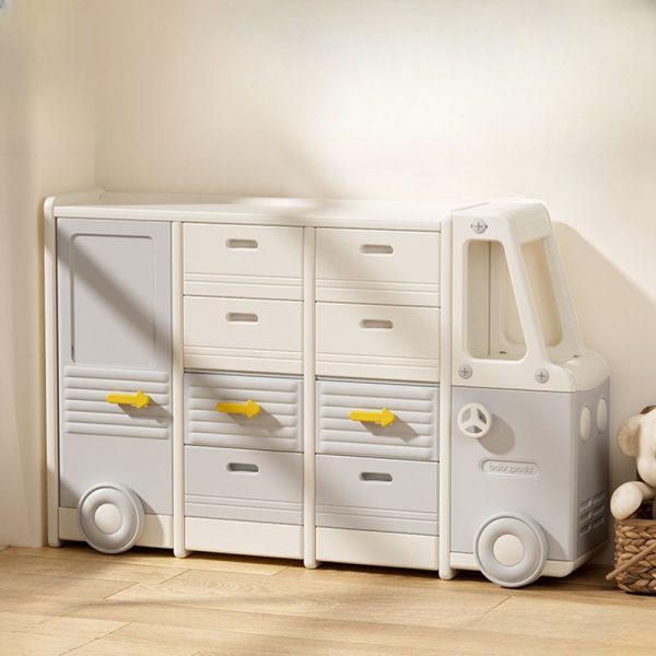 "White Polymer Compound Horizontal Closed Back Standard Children's Bookshelf with 8 Drawers/4 Drawers, 4 Shelves, Articulated Door"
