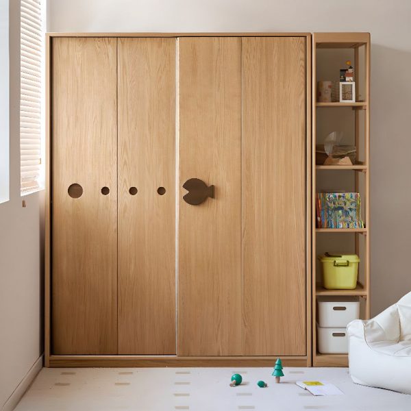 "Oak Natural Wood Finish Kids Wardrobe with 6 Shelves"