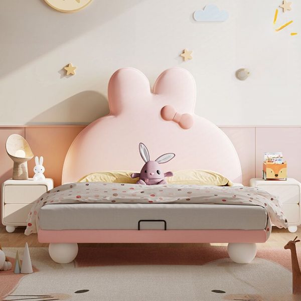 "Peony Art Deco Upholstered Standard Children Bed, Animals Theme, Artificial Leather, Headboard, Girl/Woman+"