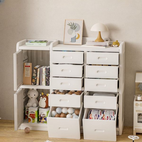 "Chalk Standard Children's Bookshelf with 2/4/3 Shelves, Horizontal Plastic, Closed Back, 4/2/3 Doors"