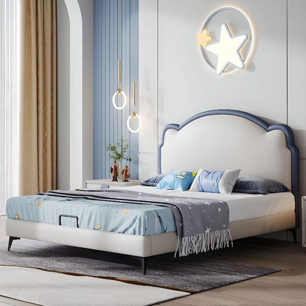 "Cream Modern Upholstered Standard Kids Bed with Faux Leather and Headboard, Gender Neutral"
