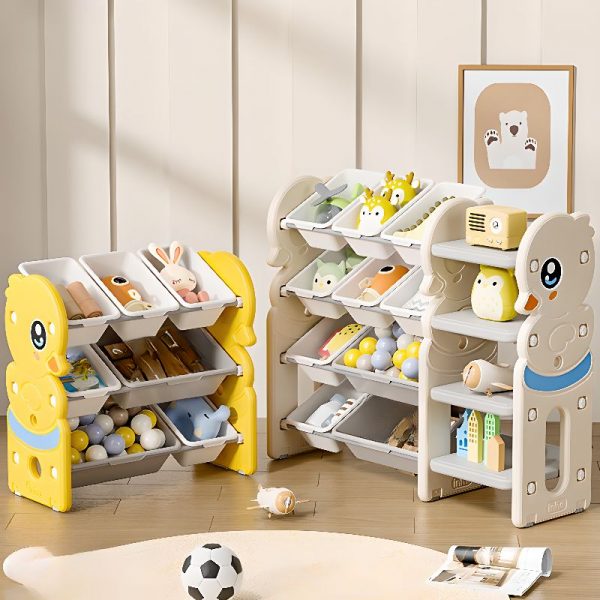 "Contemporary Kids Toy Organizer with Synthetic Material, Animals Theme, Horizontal Orientation, Closed Back, Free Standing"