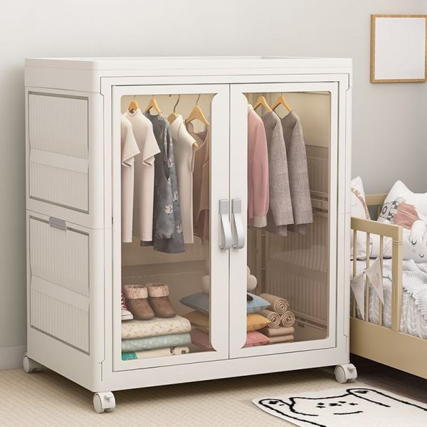 "Elegant White Children's Wardrobe with Polymer Compound, Shelf, and Clothing Rod"