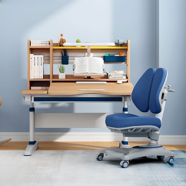 "Adaptable Height Watertight Wood Grain Kids Computer Desk with Metal Legs, Locker Storage, Shelf, and Hutch"