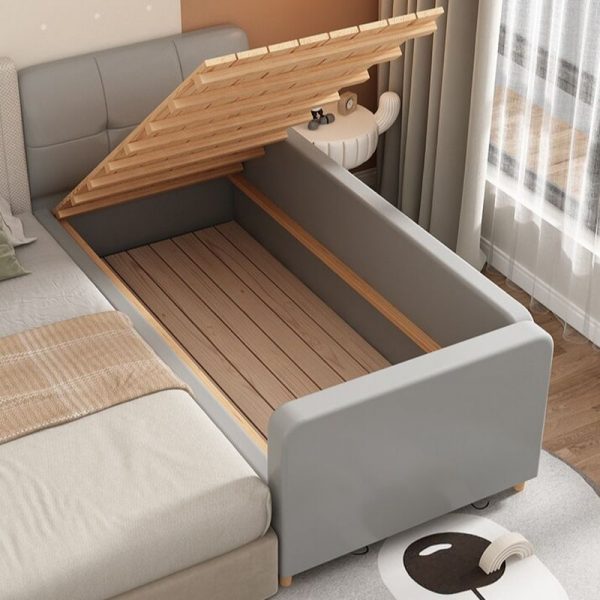 "Gray Wood Standard Kids Bed Gender Neutral Underbed with Synthetic Leather Headboard, Guardrail"