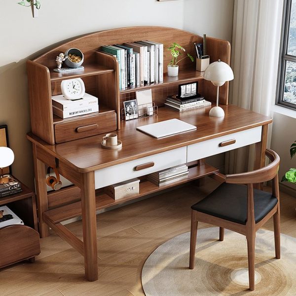 "Timber Kids Computer Desk in Chalk/Brown/Natural Color with Locker, 3 Shelves, Hutch, and Wood Drawer Glides"