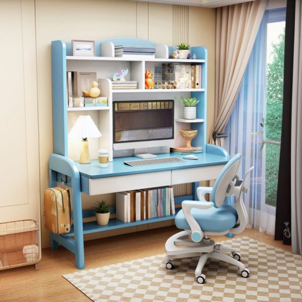 "Adjustable Height Moisture-Proof Kids Computer Desk in White/Brown/Natural with Locker, 2 Drawers, 4 Shelves & Hutch"
