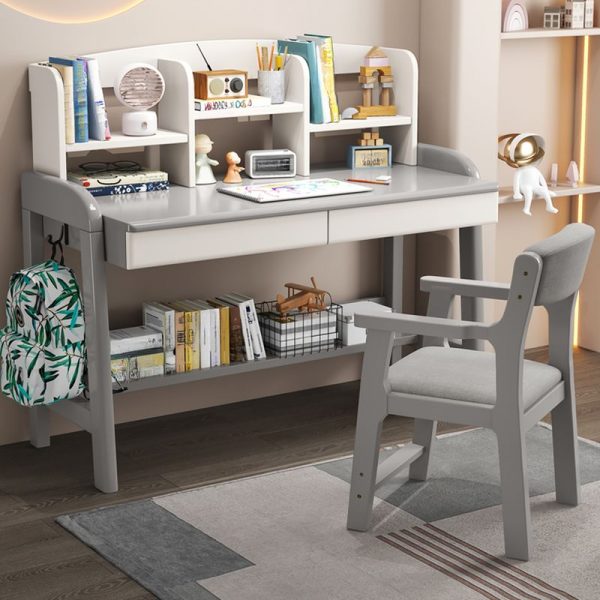 "Height-adjustable Lumber Children Computer Desk in Chalk/Peony/Azure with Container Storage, Shelf, Compartment, and Hutch"