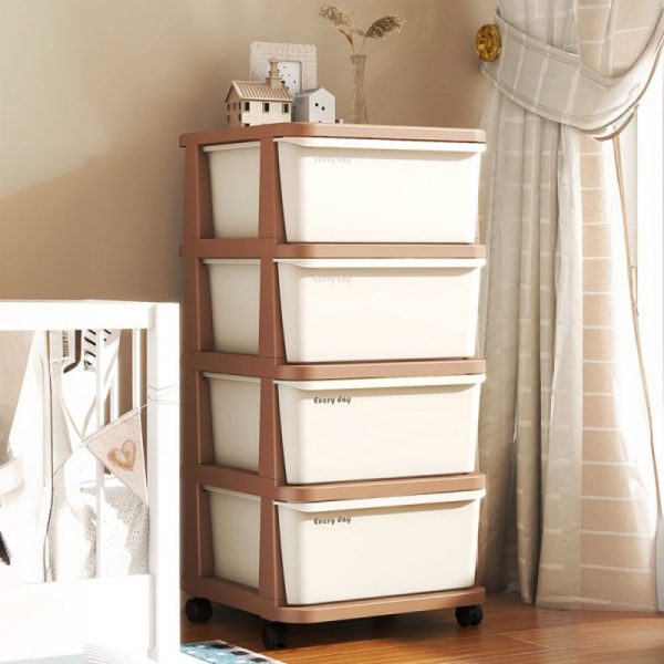 "Modern Simple Style Synthetic Material Standard Children's Bookshelf with Turned Swivel, 6, 5, or 4 Drawers, Vertical Orientation, Standalone with Locking Rollers"