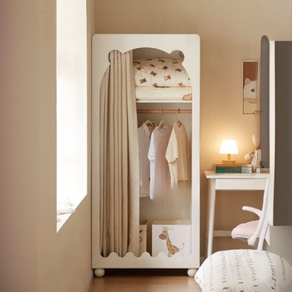 "Charming Children's Wardrobe in Light-toned Rubberwood with 2 Shelves and Clothing Rod"
