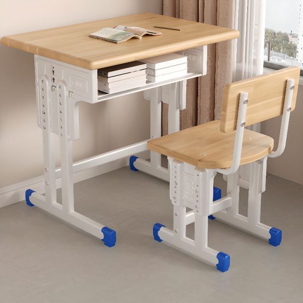 "Adjustable Height Sand-Toned Wood Children's Desk, Moisture-proof with Locker Storage and 1 Shelf"