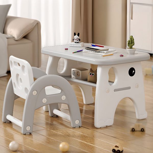 "Kids Computer Desk with Plastic Top in Light Gray/Crimson/Azure, Chair, Receptacle, and 1 Shelf"