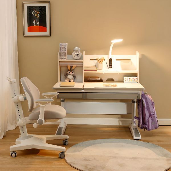 "White Water-resistant Kids Computer Desk with Chair, Moves Up and Down, Shelf, Compartment, and Hutch"