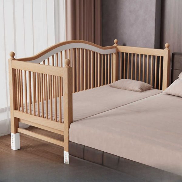 "Wood Color Minimalist Timber Standard Children Bed with Cotton Upholstery, Coir Mattress Fill, Guardrail for Gender Neutral"
