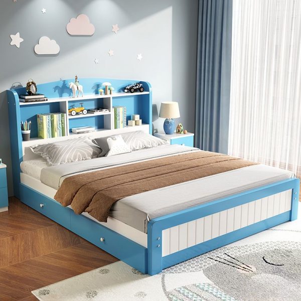 "Timber Standard Children Bed with Cotton Upholstery and 2 Drawers, Coir Mattress & Headboard Storage Inclusive Book Rack"