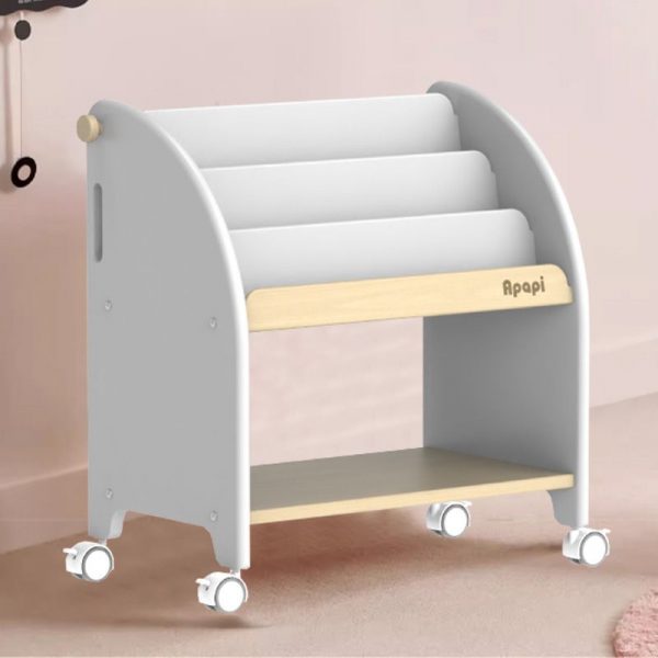 "Simplistic Kids Bookshelf Display Rack with Swivel Wheels, 4 Shelves, Vertical, Wood Shelf, Standalone"
