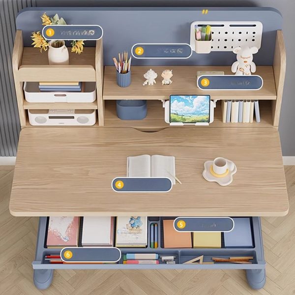 "Adaptable Height Lumber Adjustable Kids Desk with a Rectangle Wood Color Top, Repository, 4 Shelves and Hutch, Alloy Slide Rails Included"