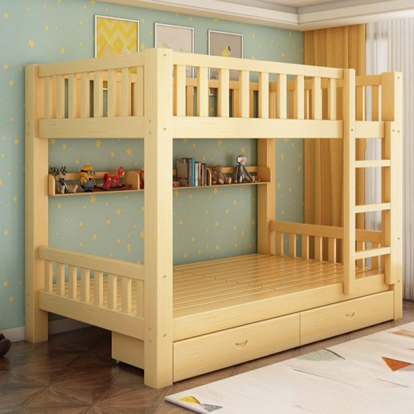 "Unfinished Color Wood Gender Neutral Children Bunk Bed with Ladder and Guardrail, Underbed 2 Drawers Included/Not Included"