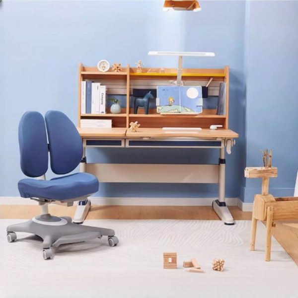 "Adaptable Height Lumber Adjustable Children's Desk with Chair, Cocoa Top, Locker Storage, Shelf, and Hutch"