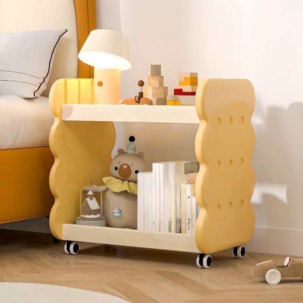 "Contemporary Lemon Color Vertical Polymerized Material Standard Children's Bookshelf with Open Back, Casters and 3 Shelves"