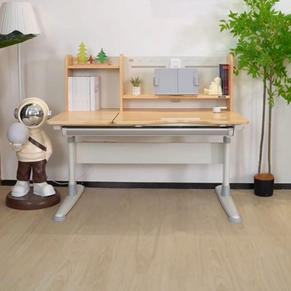 "Adjustable Height Sand Rubberwood Children's Desk with Locker, 2 Shelves, Hutch, and Alloy Drawer Glide"
