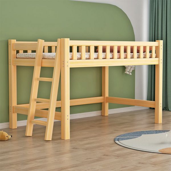 "Modern Natural Pine Gender Neutral Platform Kids Loft Bed with Ladder and Surrounding Guardrail"