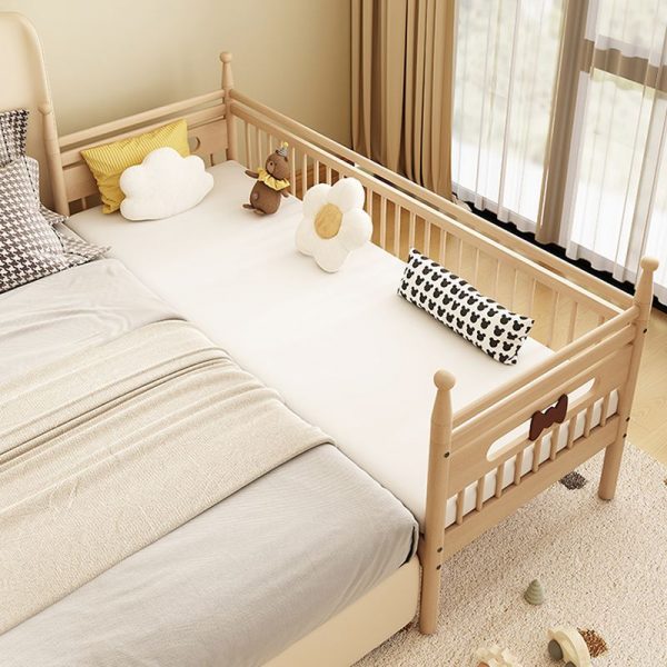 "Modish Unfinished Color Natural Wood Standard Children Bed with Cotton Upholstery and Coir Mattress Fill, Guardrail Included, Gender Neutral"