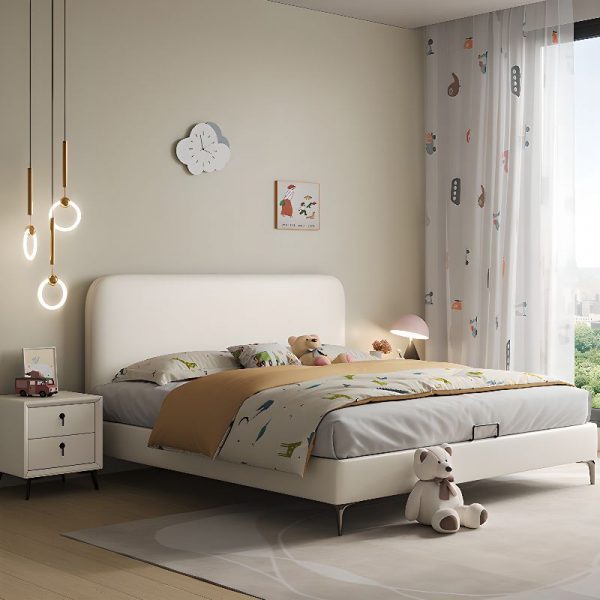 "Pine Wood Platform Leather Standard Kids Bed in White Wood for Gender Neutral with Footboard, Panel Headboard and Sponge Cushion in a Trendy Style"