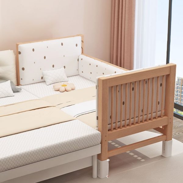 "Unfinished Color Wood Standard Kids Bed with Linen Upholstery, Coir Mattress, Headboard, and Guardrail for Gender Neutral"