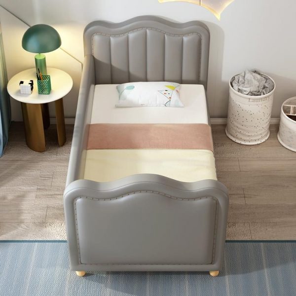 "Gray Leatherette Gender Neutral Standard Children Bed with Timber Frame, Headboard, Guardrail and Coir Mattress"
