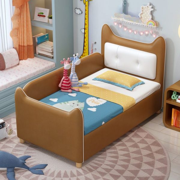 "Brown Pine Wood Standard Children Bed with Cotton Upholstery, Coir Mattress, Footboard & Guardrail-Included Headboard"