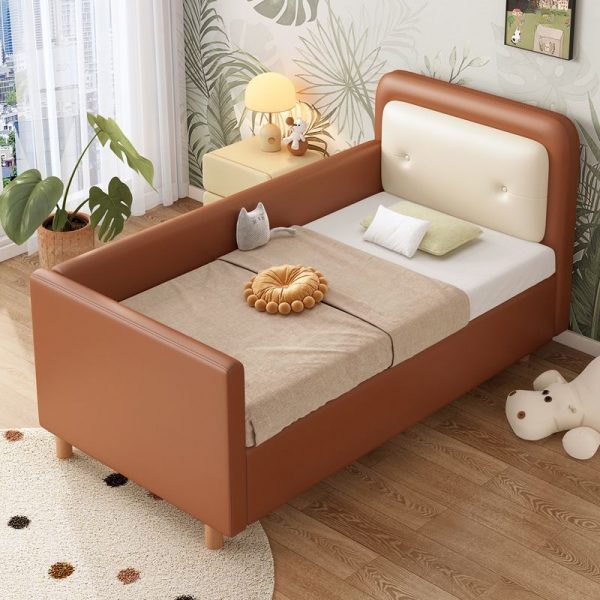 "Vinyl Leather Upholstered Sepia Standard Kids Bed in Timber for Gender Neutral wiht Coir Mattress, Guardrail and Headboard"