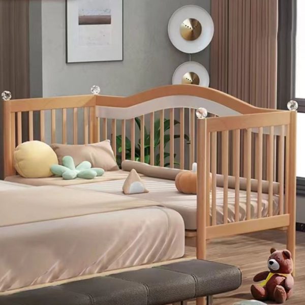 "Unfinished Color Modish Natural Wood Standard Children Bed with Cotton Upholstery, Coir Mattress, Gender Neutral, Guardrail Included"