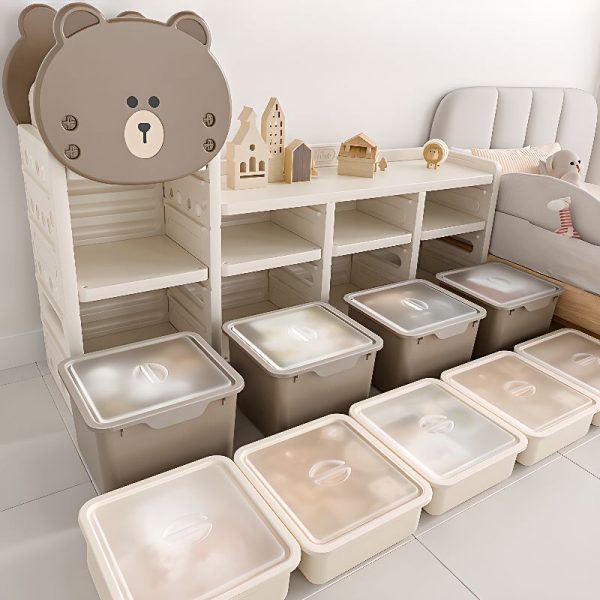 "White Simplistic Kids Toy Organizer with 3 Shelves, Horizontal/Vertical, Closed Back, Plastic Shelves, Standalone"