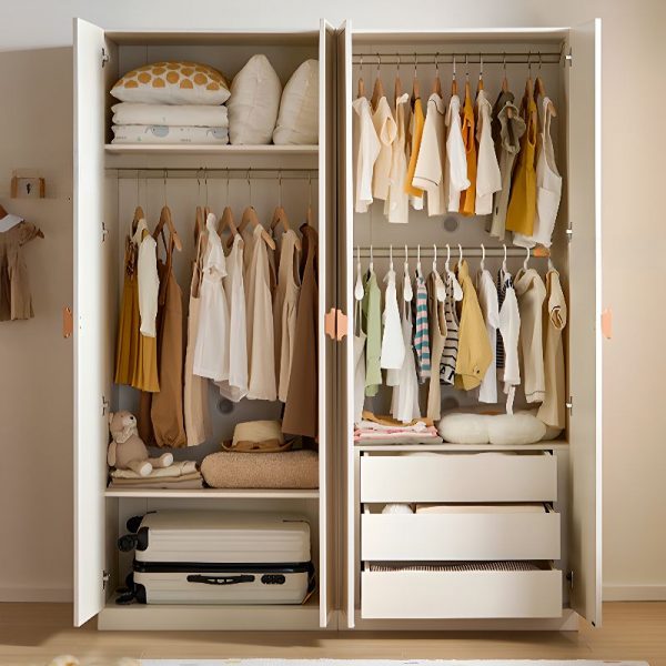 "Chalk-Colored Lumber Children's Wardrobe with Shelf, Clothing Rod, and Door"
