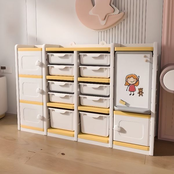 "Horizontal/Vertical Standard Children's Bookshelf with 2 Doors/5 Doors/3 Doors, 10 Bins/6 Bins/11 Bins and 4 Shelves/2 Shelves/5 Shelves in Polymer in a Casual Style"