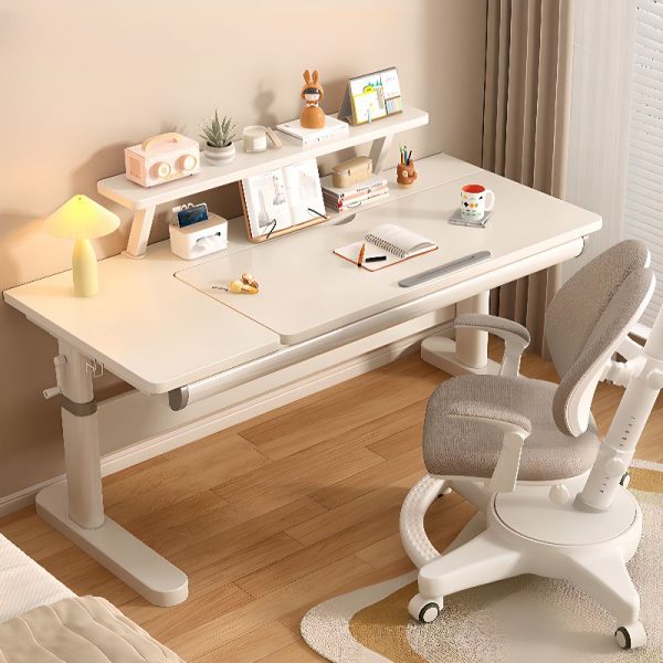 "Multi-levelled Rainproof Wood Beige Kids Computer Desk with Receptacle, Shelf, and Hutch"