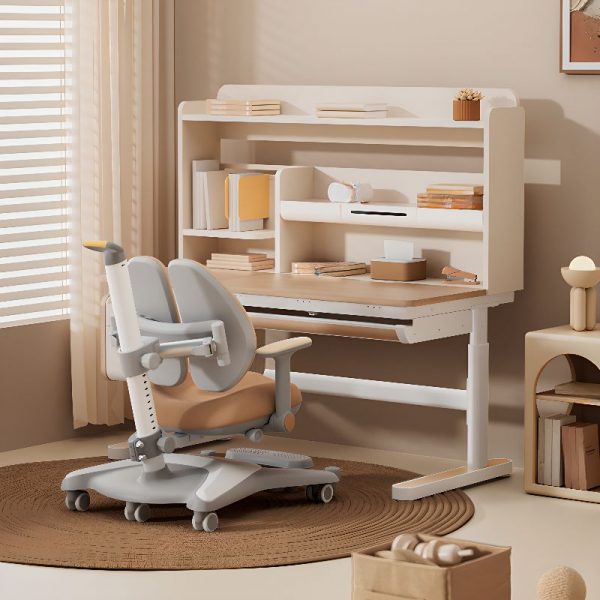 "Multi-levelled Kids Computer Desk with Chair, Unfinished Color, Shelf, Compartment, Hutch, and Ergonomic Design"