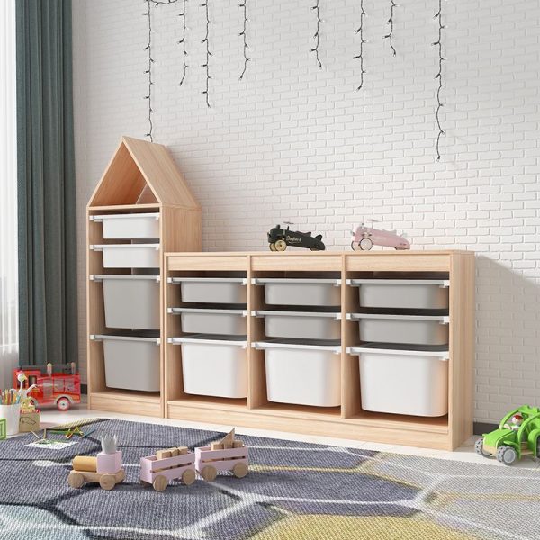 "Wood Color Modern Simple Style Standard Children's Bookshelf with 2-4 Shelves, Horizontal/Vertical Orientation, Wood Shelf, Standalone, 4-12 Bins"