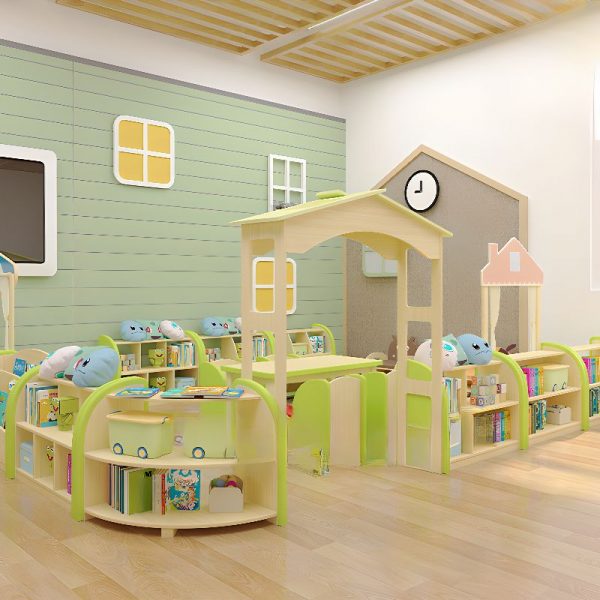 "Wood Grain Modern Simple Style Standard Kids Bookshelf, Horizontal Orientation, Timber Shelves, Open Back, Detached Installation"
