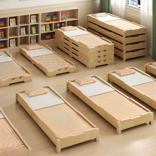 "Art Deco Pine Wood Panel Children Bed in Sand Tone, Gender Neutral Design"