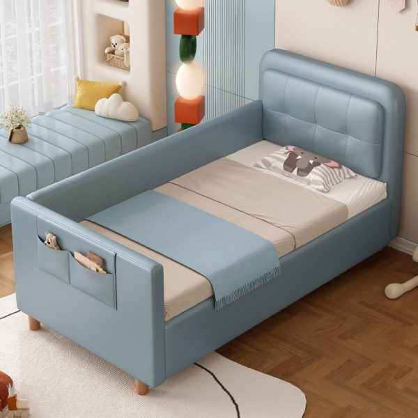 "Azure Timber Standard Children Bed Faux Leather with Repository, Headboard, Guardrail and Coir Mattress"