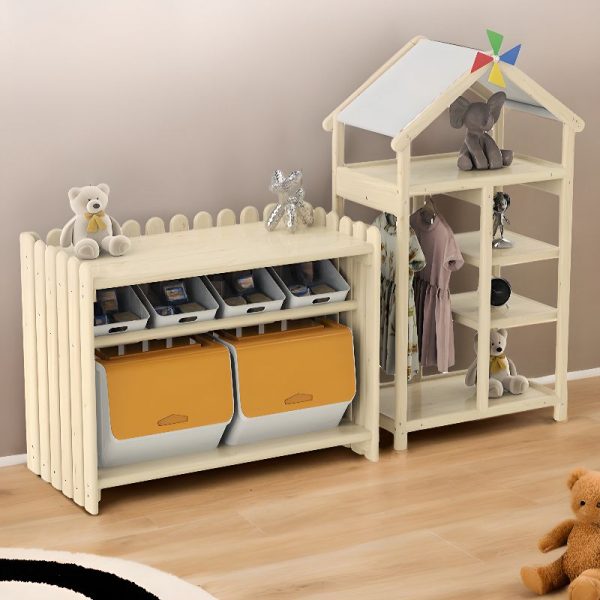 "House-Themed Natural Wood Vertical Standard Kids Bookshelf with 4 Shelves, Double-Sided, Lumber Material, and Open Back"
