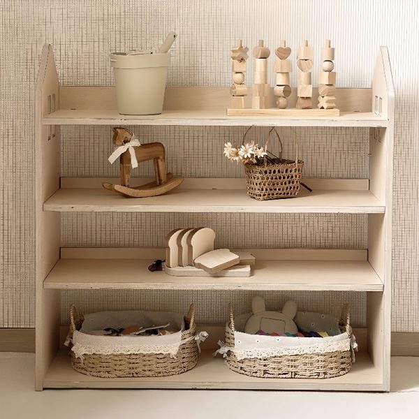 "Modern Simple Style Standard Kids Bookshelf with 3/4 Shelves, Horizontal/Vertical Timber Shelves, Open Back, Detached Installation"