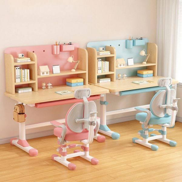 "Height-adjustable Wood Grain Children Computer Desk with Metal Legs, Storage Container, Shelf, Compartment, and Hutch"