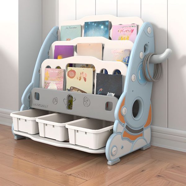 "Casual Vertical Kids Bookshelf Display Rack Plastic Self-supporting with Closed Back and 4 Shelves"