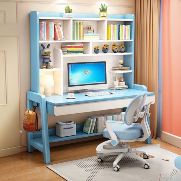 "Rubberwood Children Computer Desk Water-resistant with Multi-levelled, Shelf, Hutch and 2 Drawers in Chalk/Wood Grain/Sepia"