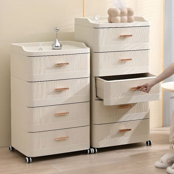"White Simplistic Synthetic Material Standard Children's Bookshelf with Rollers, Multiple Drawers (3-5), Vertical Standalone Design"