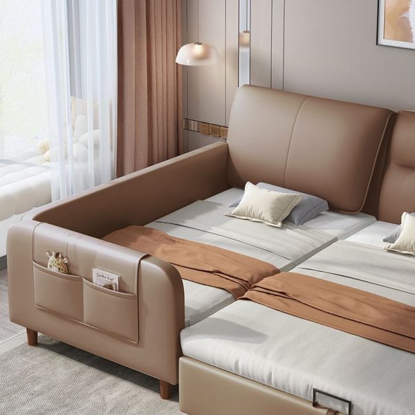 "Sepia Pleather Standard Children Bed with Upholstered, Receptacle, Headboard, Coir, Guardrail"