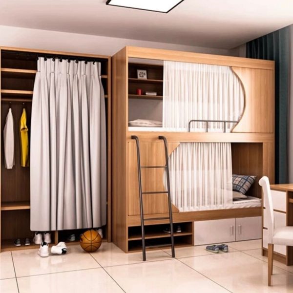 "2 Cabinets Natural Color Children Bunk Bed with Cotton, Headboard, Coir, Ladder, Guardrail"